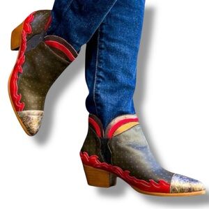 DreamWalkers Yemanya Art Western Leather Ankle Boots Red Olive EU 38